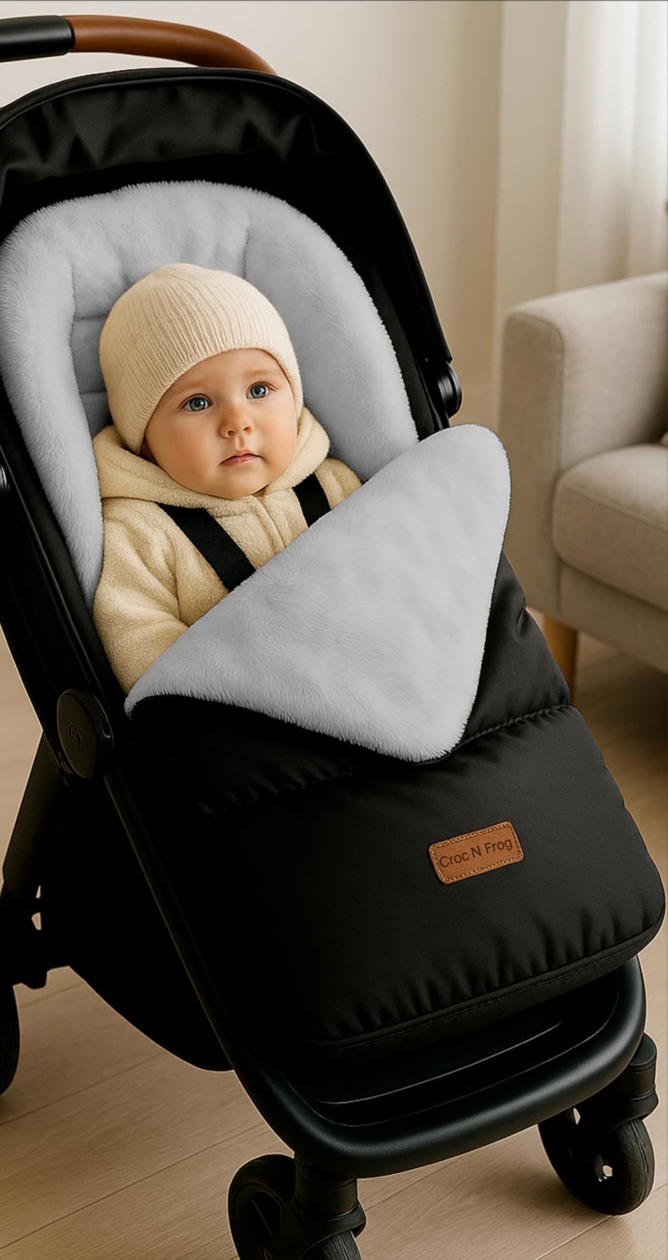 A baby snug in the Premium footmuff in a pram