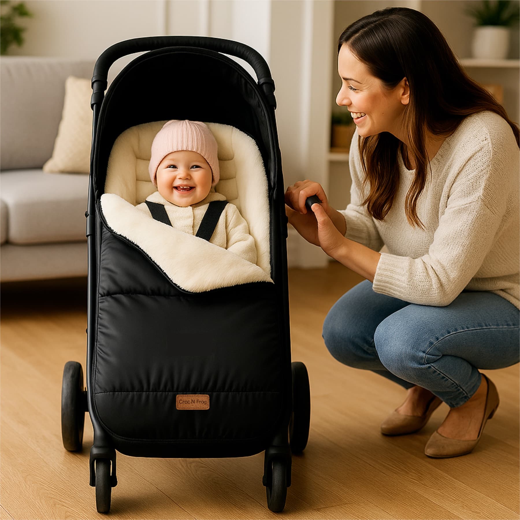 A parent smiling at a baby tucked into a Croc N Frog Winter Ivory footmuff